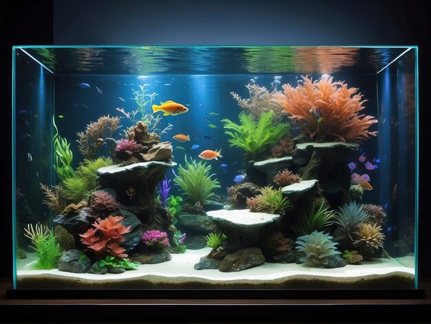 a fish tank with a variety of fish in it and a few plants