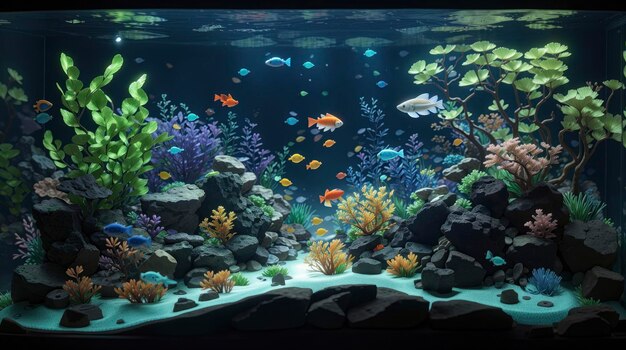 a fish tank with a variety of fish in it and rocks and plants