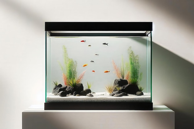 A fish tank with a variety fish and plants