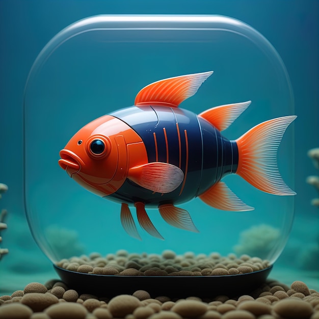 fish in the tanka 3 d rendering an an orange and blue aquarium with a fish in a glass bowl on a dark