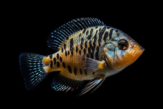 A fish that has a yellow and black spots on its side.