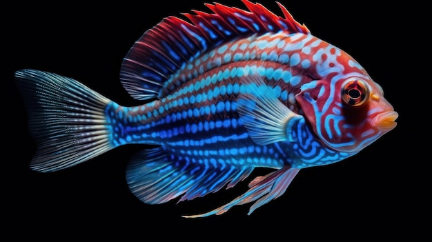 a fish that is blue and red with red and white stripes