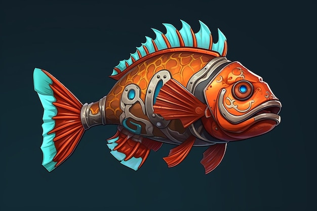 A fish that is orange and blue with blue and orange designs