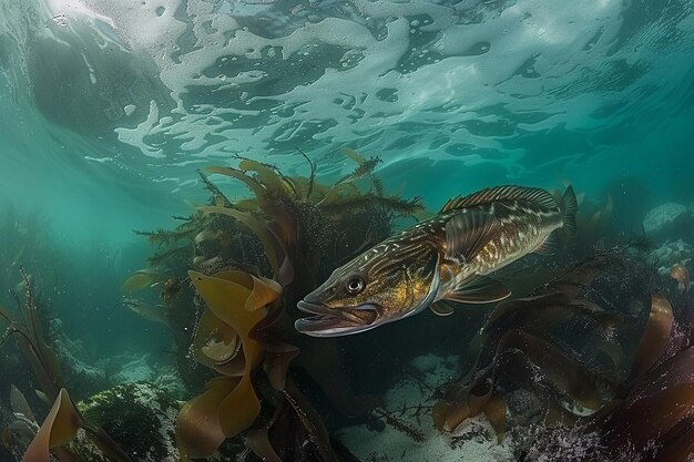 A fish that is swimming in some water with a lot of water droplets