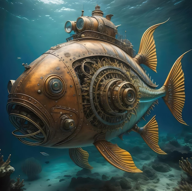 A fish that is in the water with a submarine engine