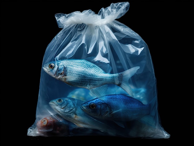 Foto pesce intrappolato in sacchetti di plastica inquinamento e sacchetti di plastica sull'oceano ai generati