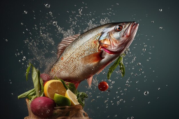 Рыба и овощи разлетаются, кулинария и вода брызгают.