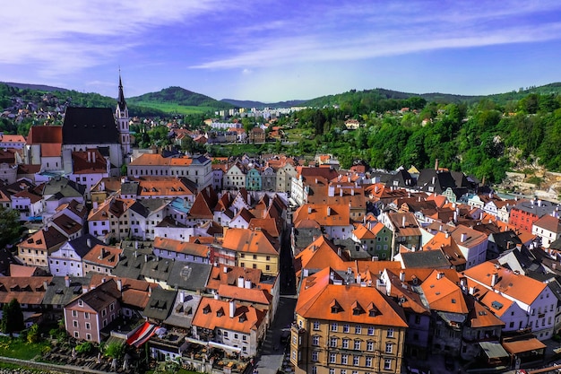 Cesky Krumlov Castle에서 Cesky Krumlov의 물고기 전망 Cesky Krumlov Czech Republic