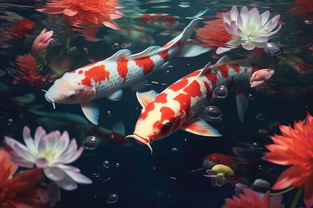 Рыбка в воде с цветком на дне
