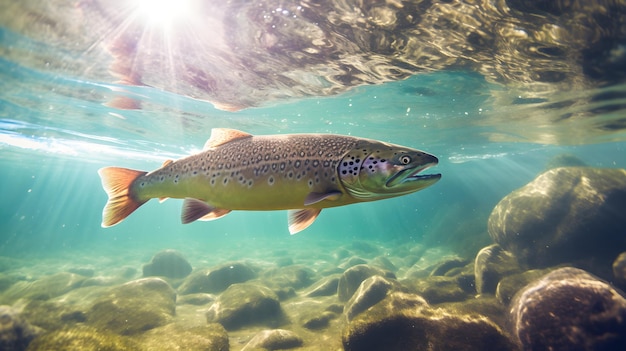 A fish in the water with the sun shining on it