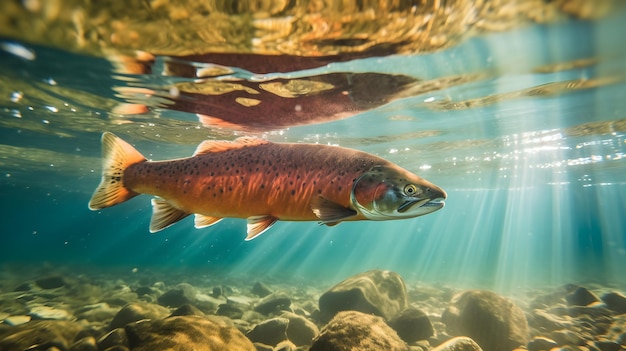 A fish in the water with the sun shining on it