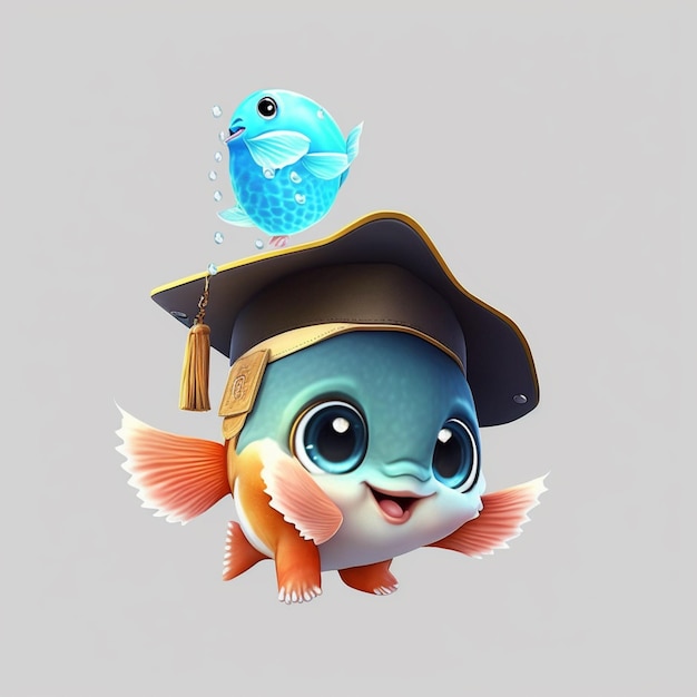 A fish wearing a graduation cap with a blue fish on it.