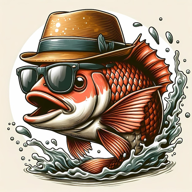 Photo a fish wearing a hat and sunglasses splashing out of the water