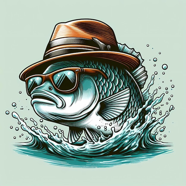 Foto un pesce che indossa un cappello e occhiali da sole splashing fuori dall'acqua