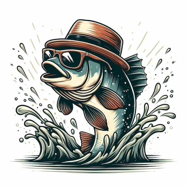 Foto un pesce che indossa un cappello e occhiali da sole splashing fuori dall'acqua