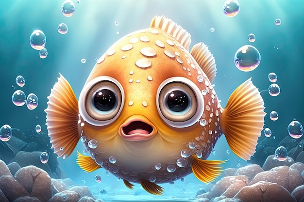 A fish with big eyes is on a blue background.
