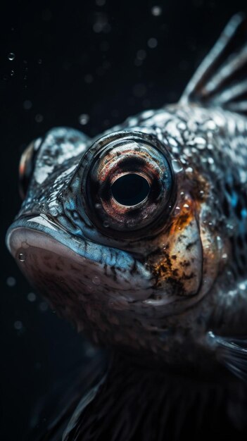 A fish with a black face and a black background