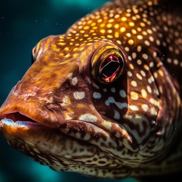 A fish with a black spot on its face is looking at the camera