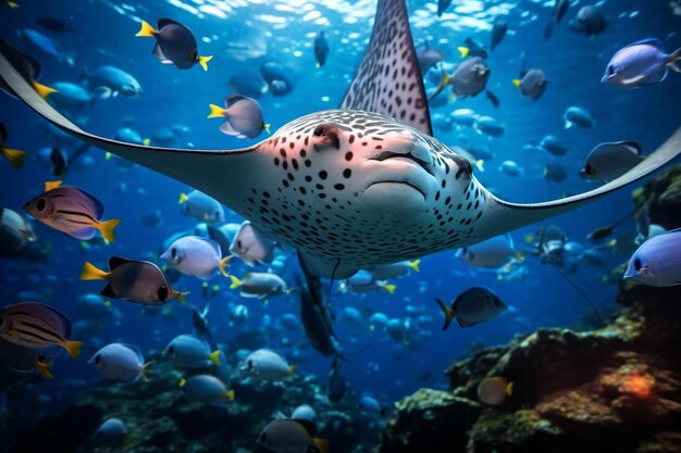 Photo a fish with a black spots is swimming in a large blue ocean