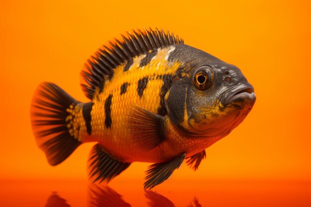 A fish with black stripes and orange stripes is standing on a reflective surface.