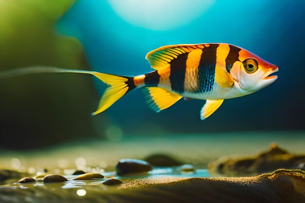 Photo a fish with a black and white striped tail is swimming in a pool