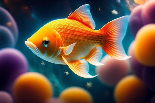 A fish with a blue background and a goldfish in the bottom.