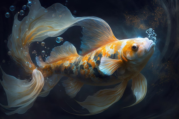 A fish with a blue background and a goldfish in the water.