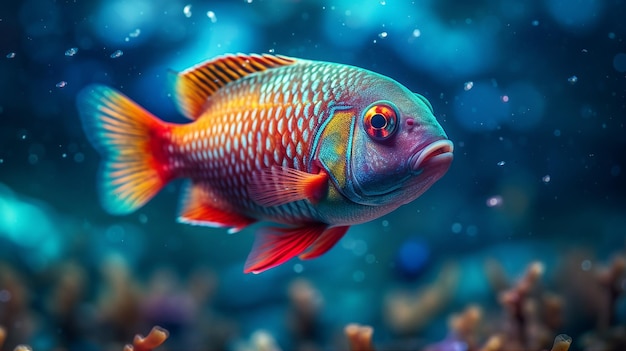 A fish with a blue background and a red tail