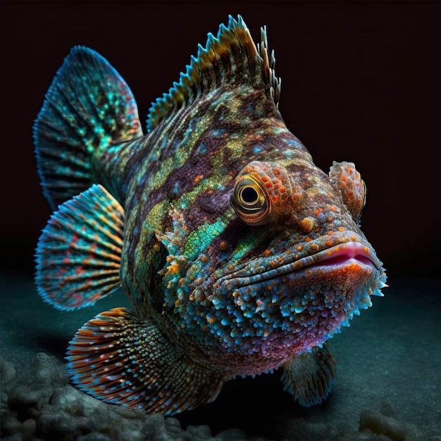 A fish with a blue and green pattern on its face is shown.