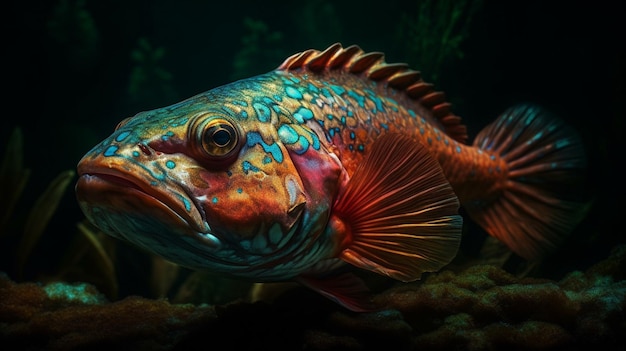 A fish with a blue and green pattern