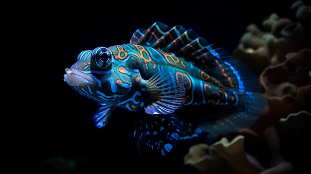 A fish with blue and orange patterns on its body