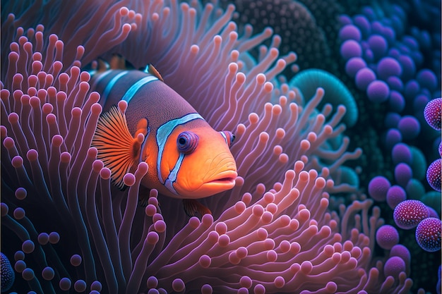 A fish with a blue and orange striped pattern is on a coral reef.