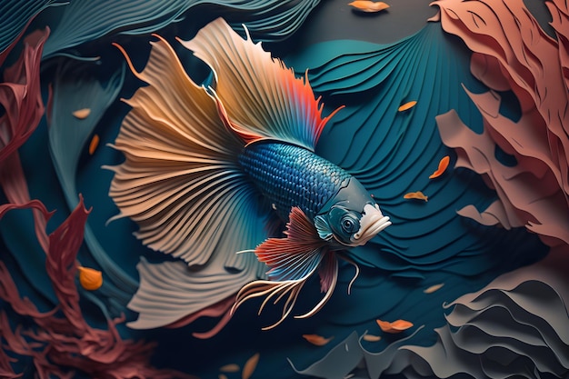 A fish with a blue and red tail is surrounded by leaves.