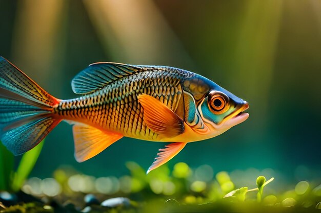 a fish with a blue stripe and orange tail is shown