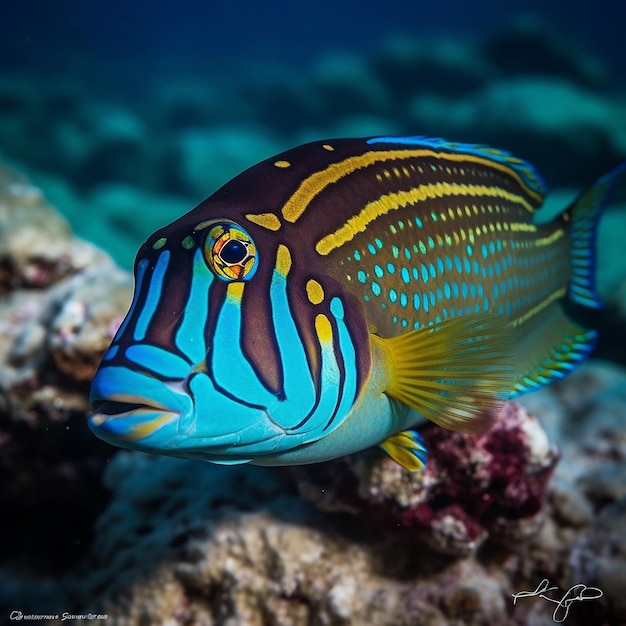 A fish with blue, yellow and black markings is swimming on a coral reef