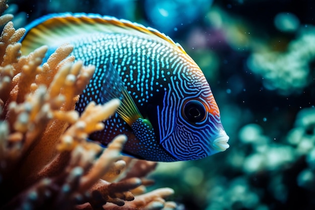 A fish with blue and yellow stripes is swimming in a coral reef.