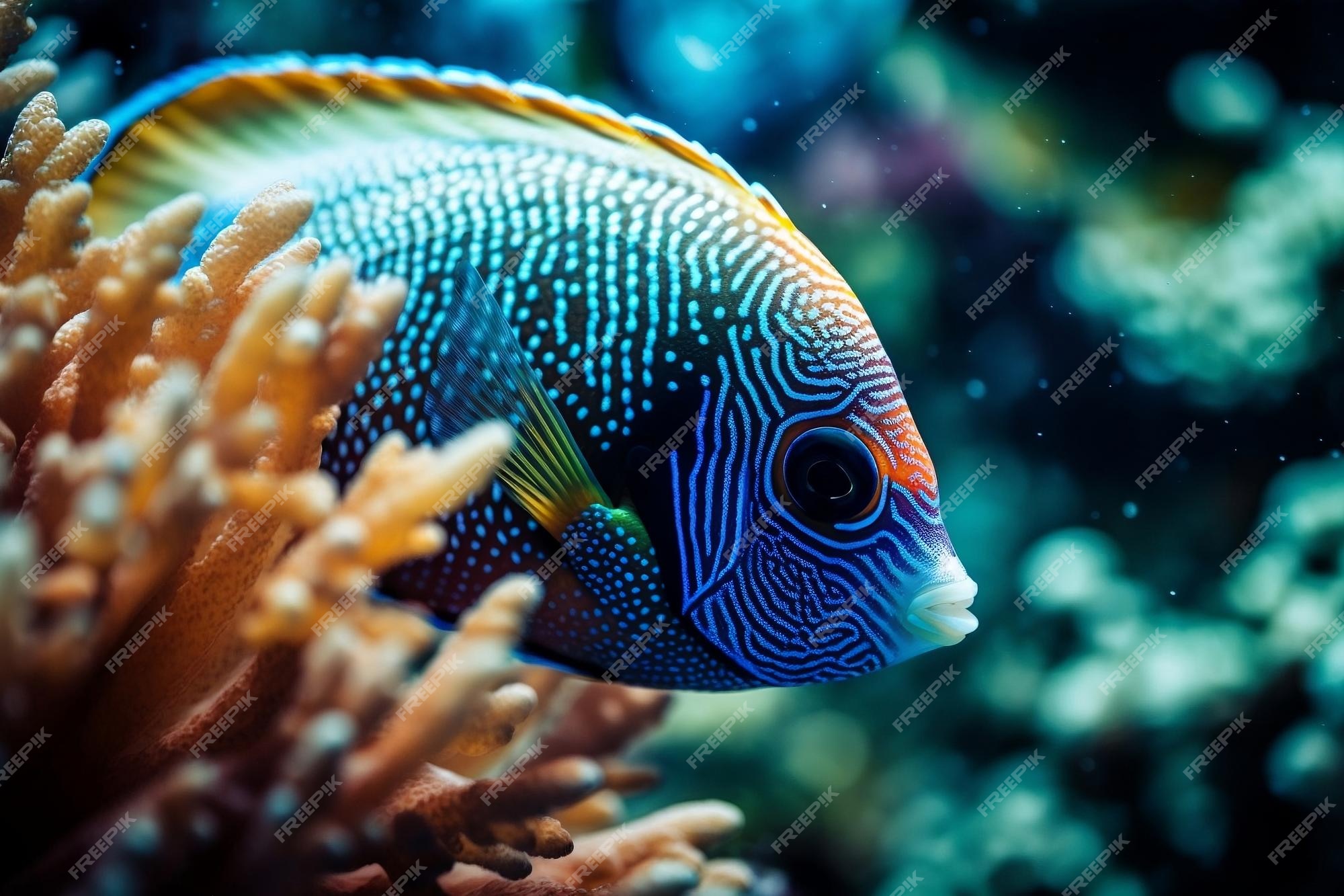 Premium AI Image | A fish with blue and yellow stripes is swimming in a