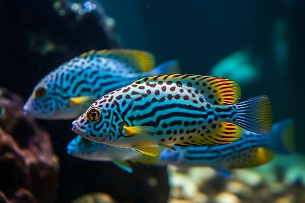 尾に青と黄色の縞模様の魚が水槽の中で泳いでいます。