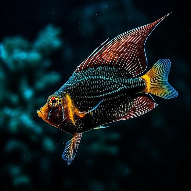 A fish with a blue and yellow tail and yellow stripes.