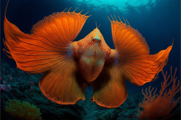 鮮やかなオレンジ色と黒い尾を持つ魚。