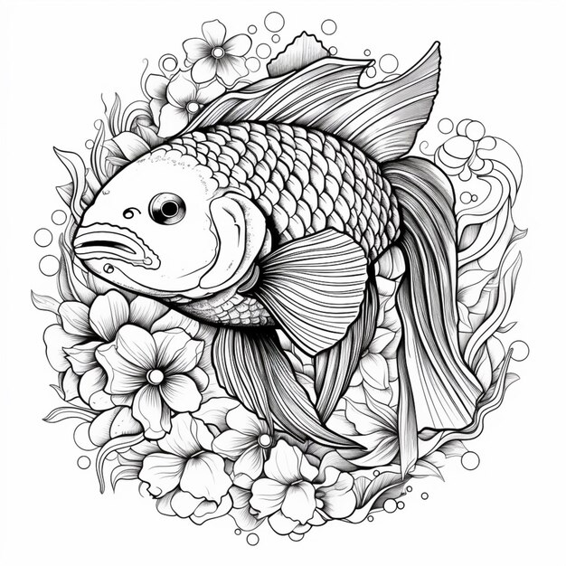 рыба с цветами и листьями на голове, генеративный ИИ