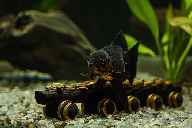 Photo fish with golden ingots and coins