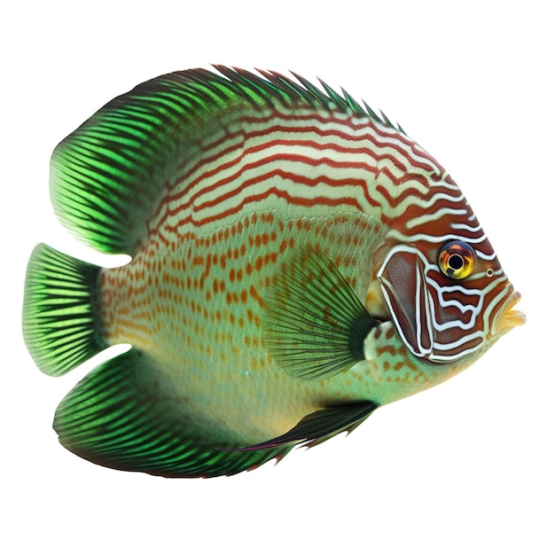 A fish with green and red stripes and a white background