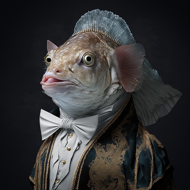 Premium Photo  A fish with a hat and bow tie is standing in front of a  dark background.