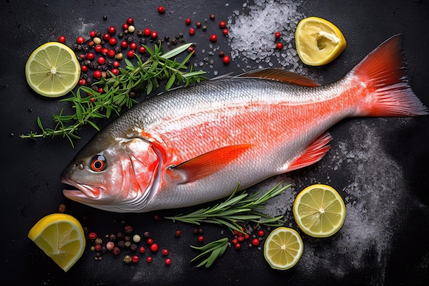 A fish with lemons and herbs on a black background