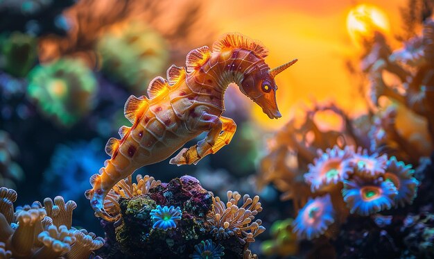 Foto un pesce con una lunga coda si siede su un corallo