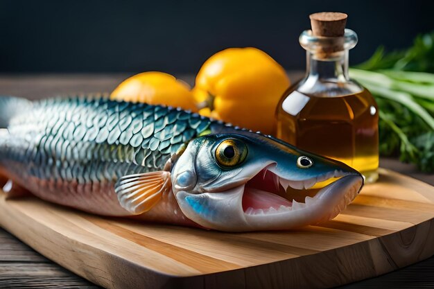 A fish with a mouth open and a bottle of oil next to it