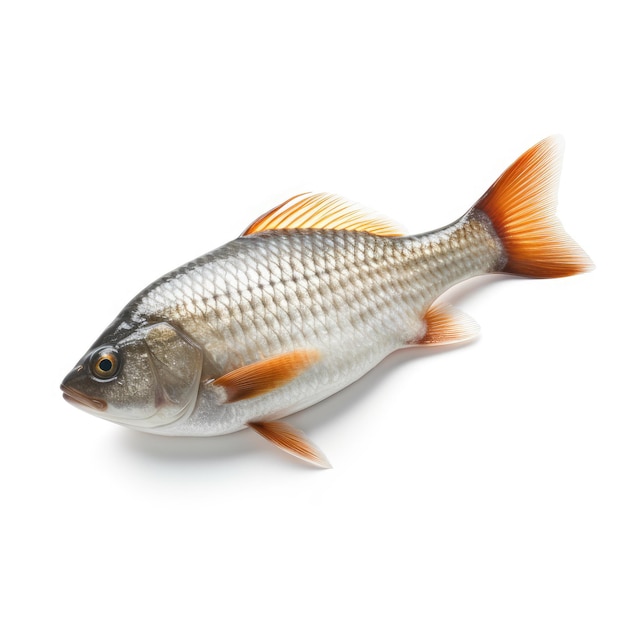 A fish with orange and white tail and orange tail