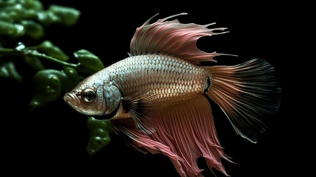 A fish with a pink tail is on a black background.