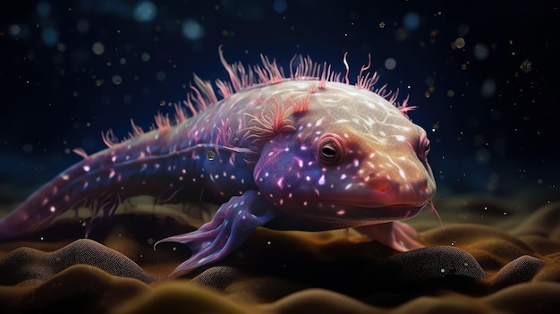 Photo a fish with purple and blue spots and a pink head is on a dark background.